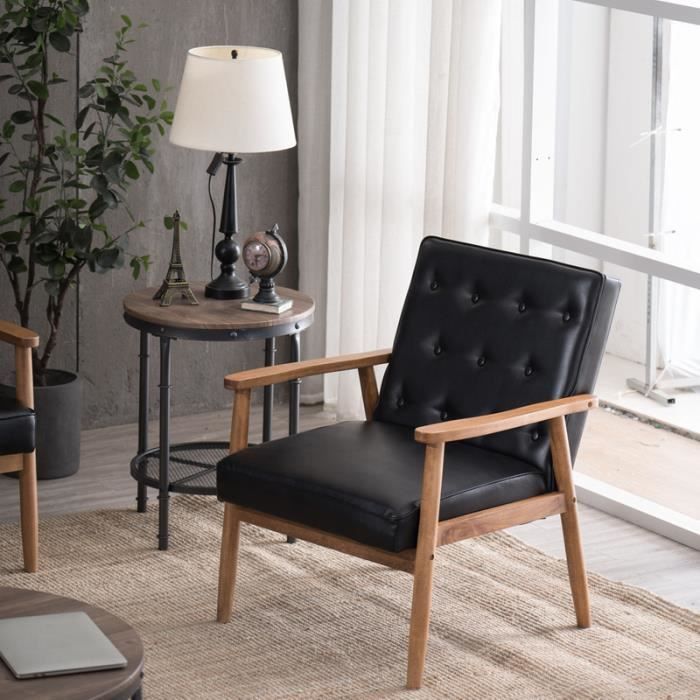 Fauteuil rétro moderne en bois et PU, pour Salle de séjour Noir (75x69x84CM)