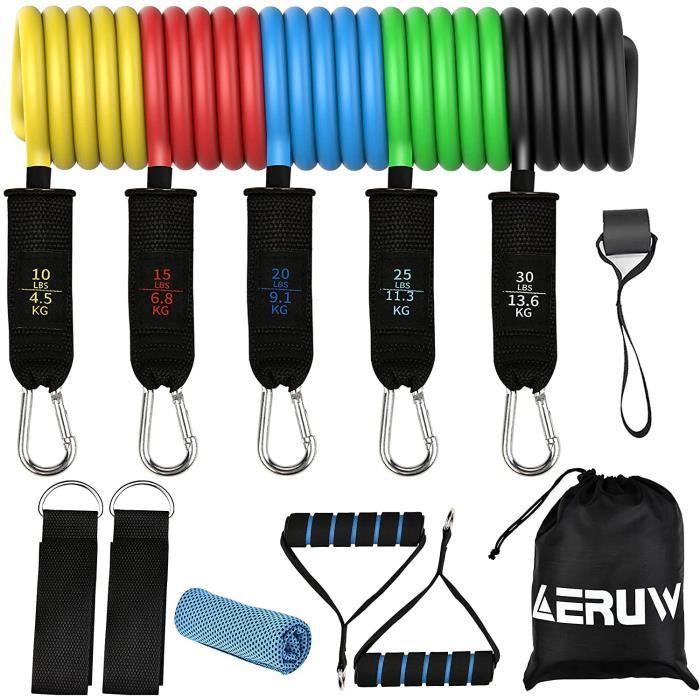Bandes de Résistance - 12 Bande de Fitness Elastiques Compris 5 Tubes Latex, Poignées, Serviette, Sangles de Cheville & Ancre,50