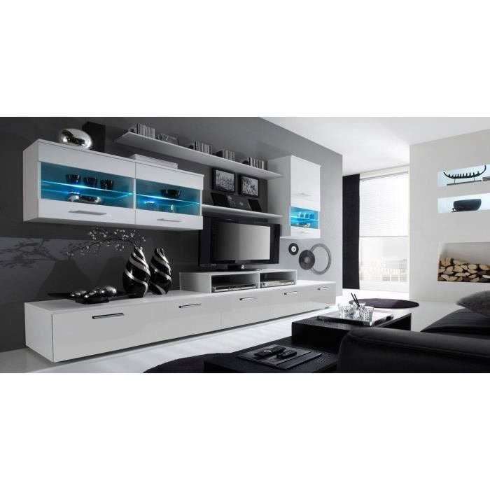 Ensemble de Meubles - Ensemble de séjour avec LEDs, Blanc Mate et Blanc Laqué, Dimensions : 250x194x42 cm de profondeur.
