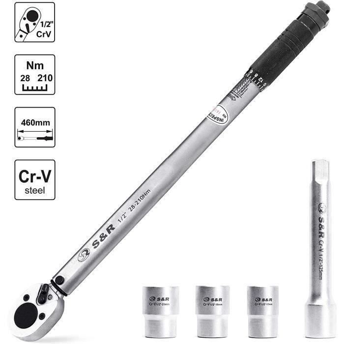 Clé Dynamométrique 1-2 ' 46 cm (28-210 Nm) Cliquet carré Reversible+Rallonge 1-2' 12,5 cm+3 Douilles (17, 19, 21 mm) LBQ95
