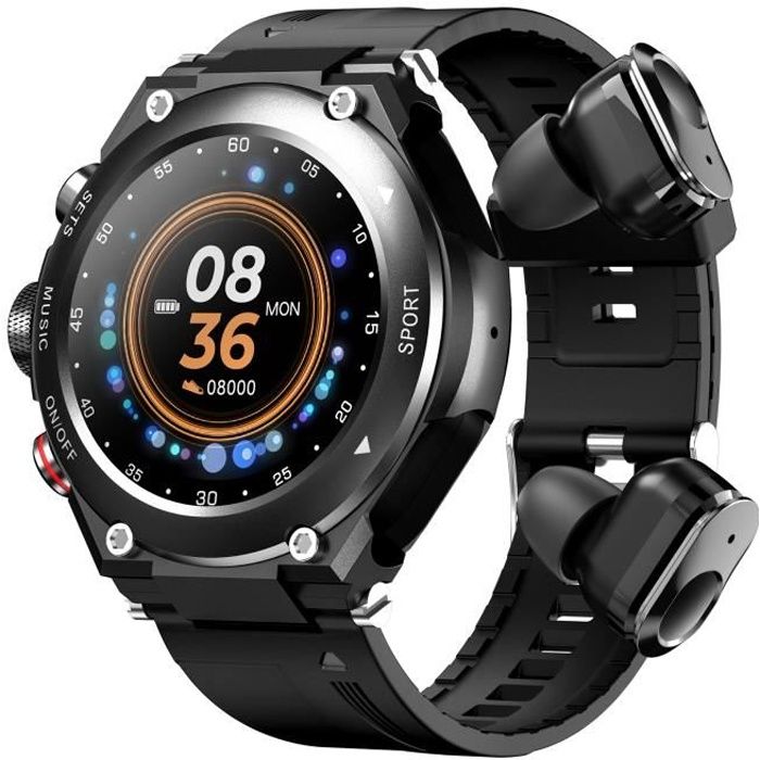 Montre intelligente avec écouteurs sans fil Bracelet d'activité 2 en 1 Écouteurs BT Musique MP3 Appel Fitness Tracker Oxygène Noir