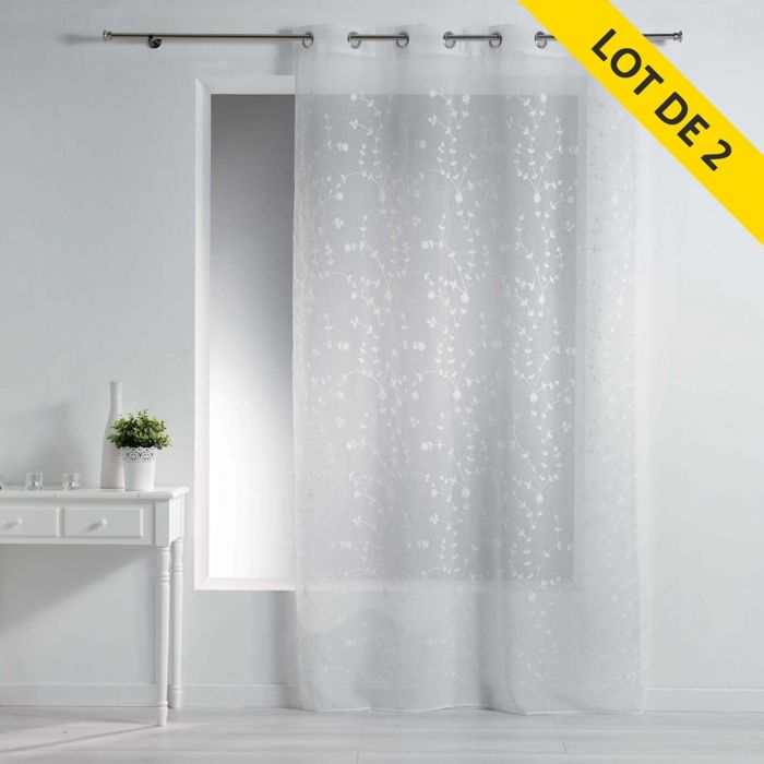 Lot de 2 voilages a oeillets 140x240 voile sable brode petite fleur Blanc/Blanc