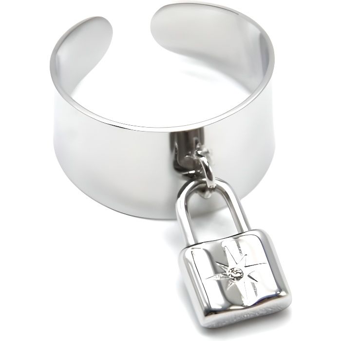BG1273 - Bague Large avec Pampille Cadenas Etoile Acier Argenté et Strass