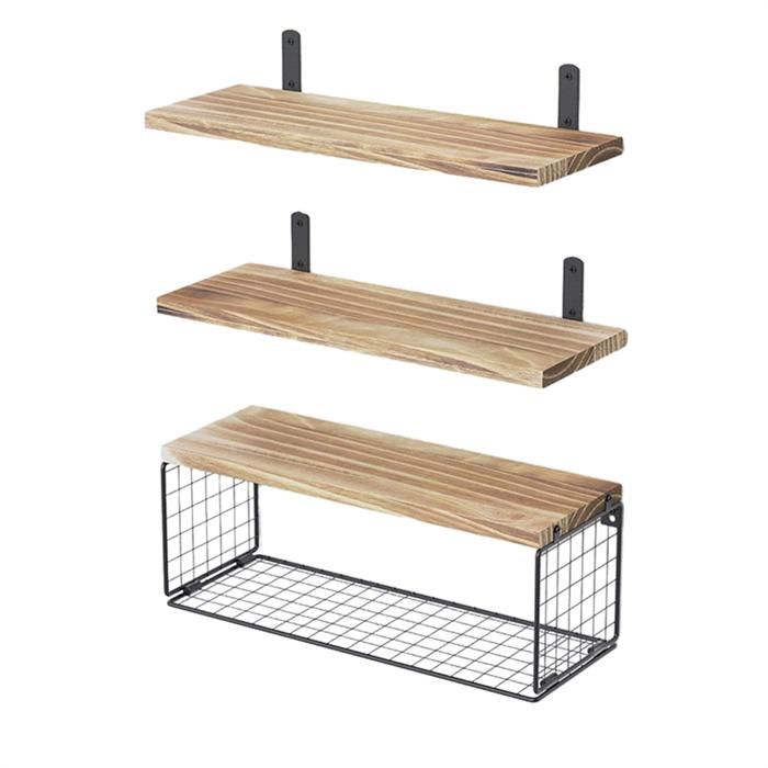 Étagère Murale En Bois Pour Salle De Bain Avec Panier - Cadre Métal Noir, Rangement Pratique Pour Serviettes Et Produits - 6
