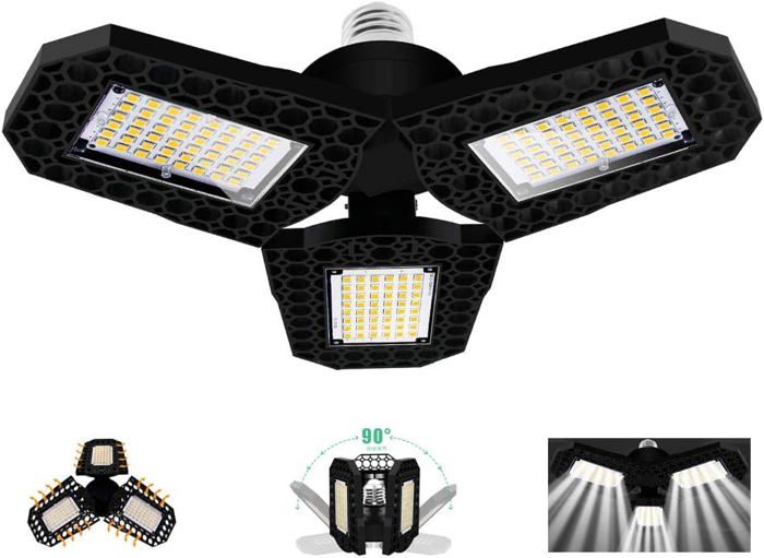 Luminaire de garage à LED 40W plafonnier déformable E27 avec 3 panneaux réglables super lumineux 3000LM blanc froid