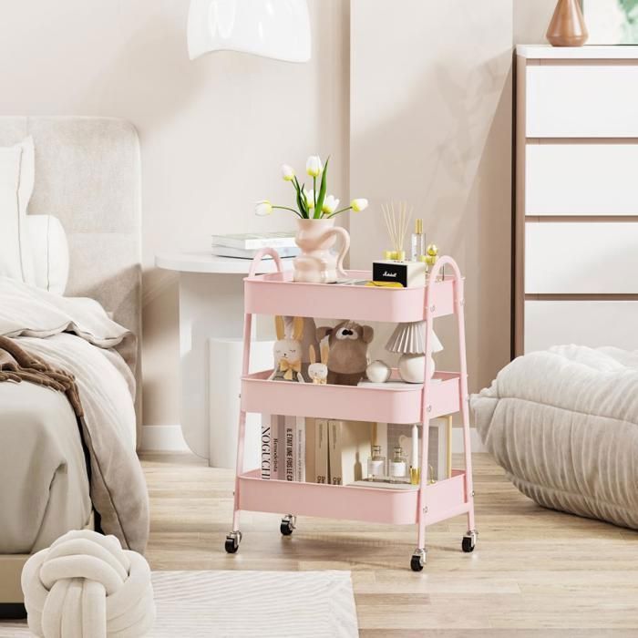 Desserte à roulettes - PIPIPOXER - Chariot de rangement Métal 3 étagères - 43x30x76 cm - Rose - Pour Cuisine