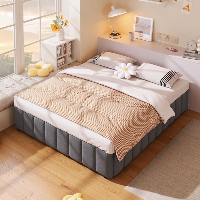 Lit coffre 140x200 cm avec sommier à lattes Lit rembourré Lit double Coffre de rangement Sans tête de lit Sans matelas Girs