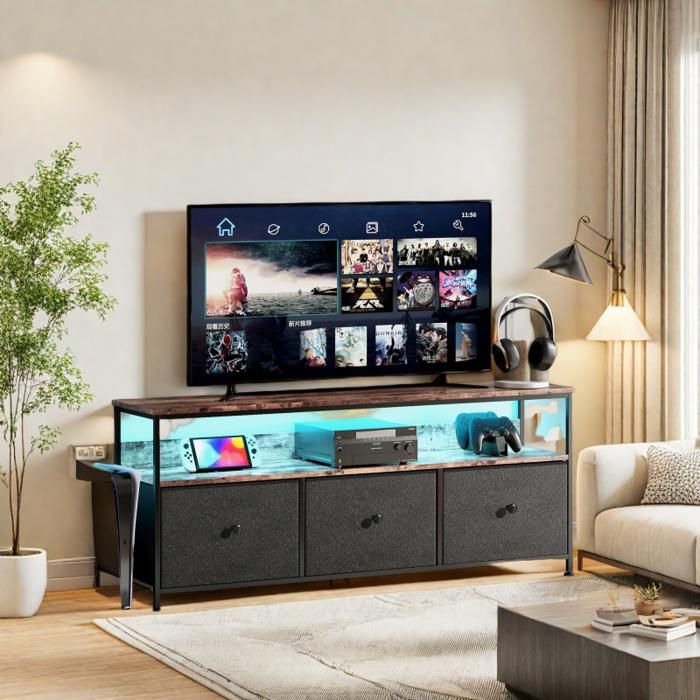 Meuble TV avec espace de rangement éclairage LED et 3 tiroirs panneau en peau de tigre et tiroir en PU noir 108*30*57cm