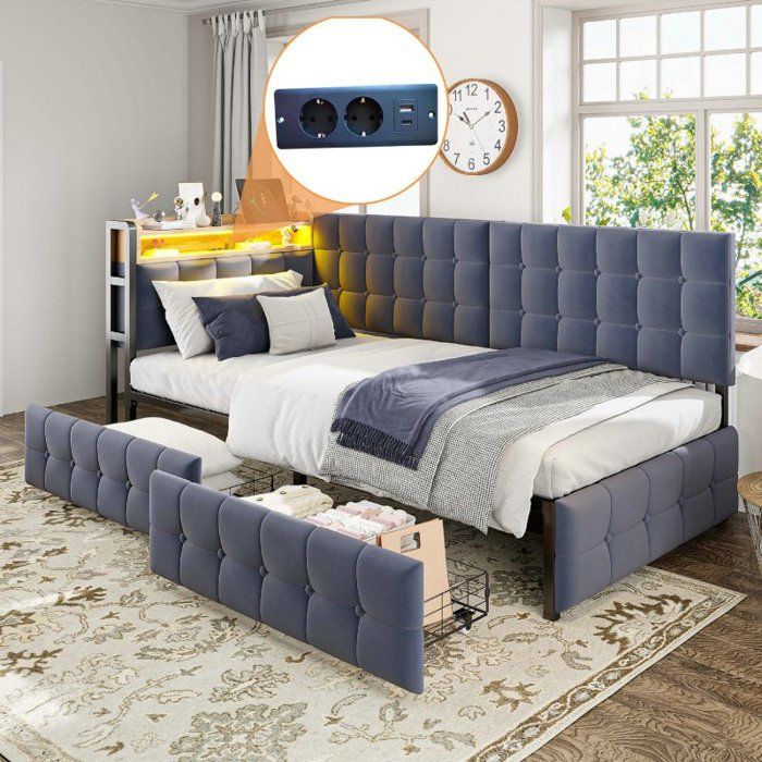 Canapé-lit - LANGTU - Canapé‑lit rembourré 90 x 200 cm - Tissu velours gris - 2 tiroirs - LED intégrée & ports USB/Type-C