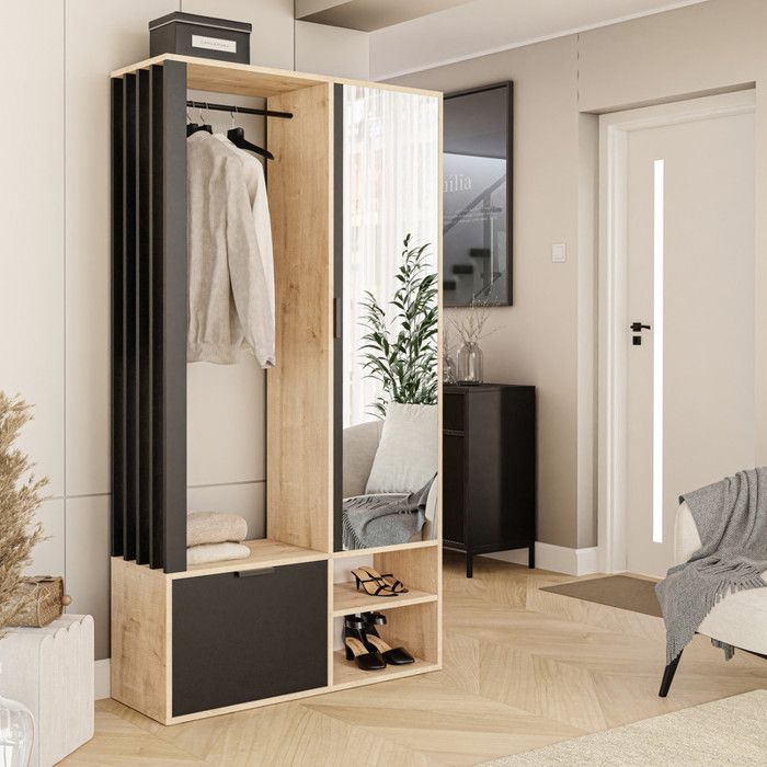 Vestiaire avec Miroir MILO - Porte-Manteau avec Meuble à Chaussures et Étagères - Artisan Chêne/Noir - 100 x 33 x 190 cm