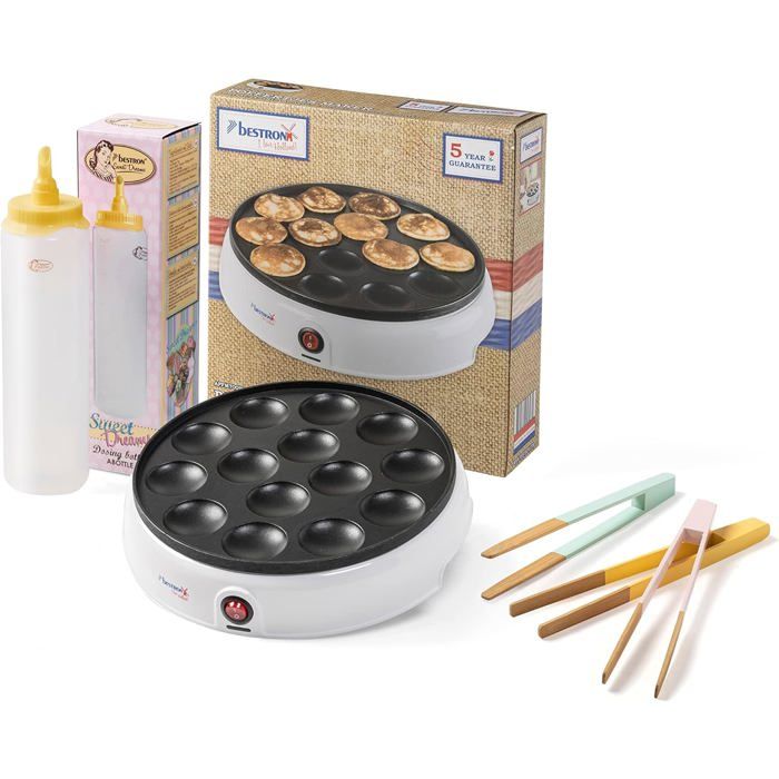 Bestron Poffertjesmaker 800W Kit Complet Avec Bouteille à Pâte Et Pinces - Blanc/Jaune