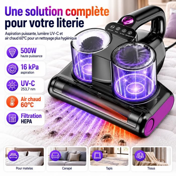 Aspirateur anti-acariens à main 16 KPa 500 W UV-C