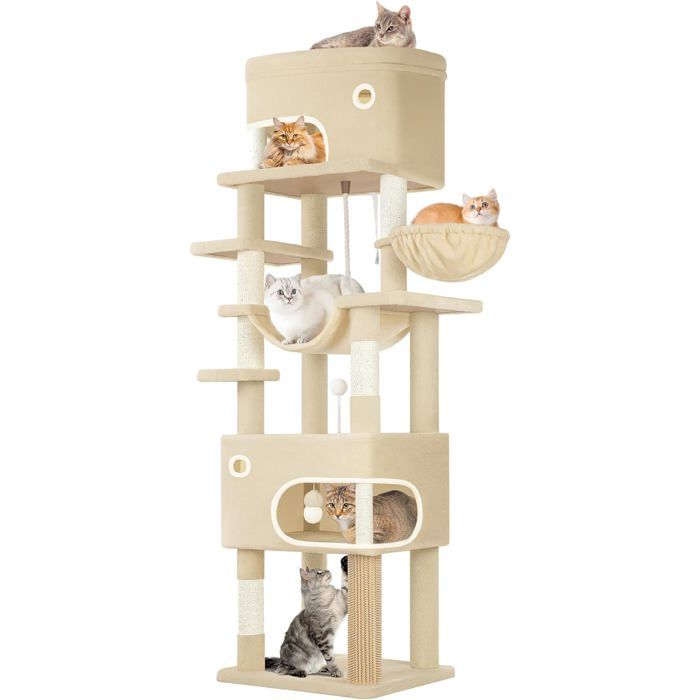 Arbre à Chat Abri à Chat Multi-Niveaux de 203 cm avec Grande Plateforme 2 Niches 7 Griffoirs Pompons Paniers HamacBeige
