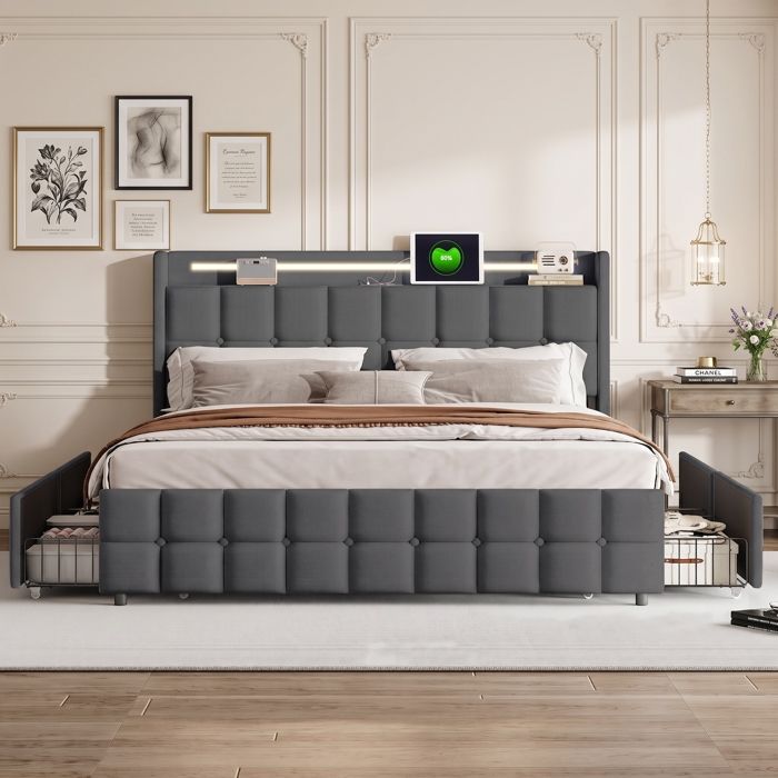 Lit 160x200 coffre Lit Double 160x200 avec Sommier LED et USB Lit Coffre avec 4 Tiroirs de Rangement Lit 2 Personnes en Lin gris
