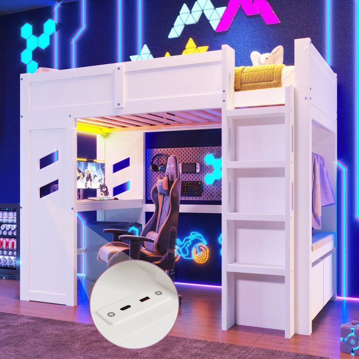 Lit mezzanine 90x200 cm Lit simple avec LED port USB et Type-C et bureau tiroirs Cintre pour enfants et adolescents Blanc