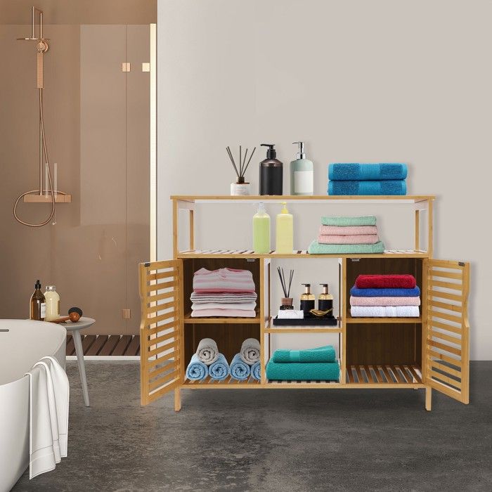 100 x 35 x 80cm Armoire de cuisine armoire de buffet armoire de rangement en bambou avec 2 portes et 3 armoires dappoint ouvertes