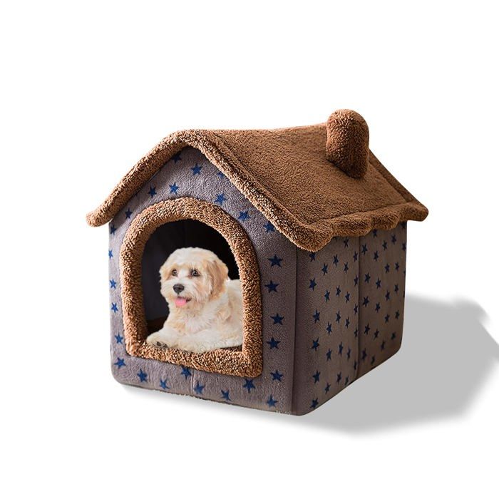 Lit grotte pour chats lit lavable pour chiens igloo en peluche chaud et confortable pour chats (M étoiles marron)
