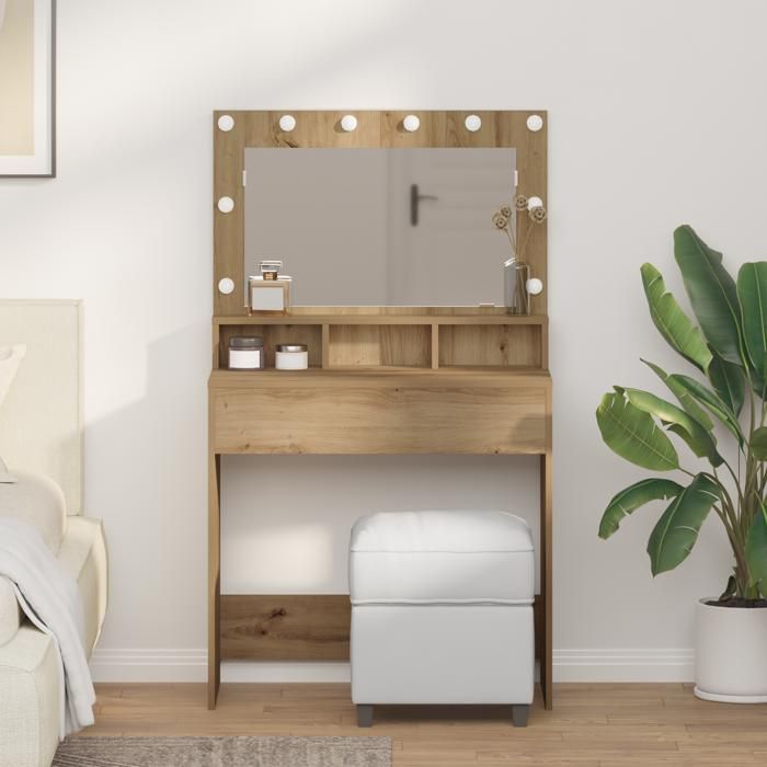 Coiffeuse moderne avec lumières LED - vidaxl - Chêne artisanal - 79x41x135 cm - Beige - Éclairage intégré