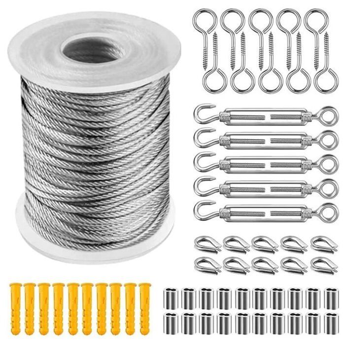 Câble acier inoxydable gainé PVC - - Tendeur pour corde à linge extérieur lustre jardin tente - 30 mètres