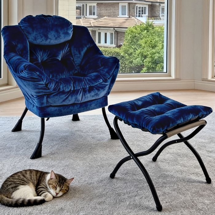 Fauteuil Bergère Capitonné avec Repose-pieds bleu foncé - Fauteuil de Salon Élégant Structure Métal Stable 150kg - Chic