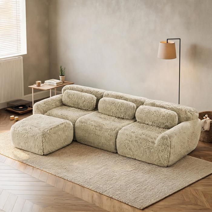Canapé Compressé 3 Places en Peluche Molletonné Kaki - Canapé dangle Style Bergère Sans Montage - Confortable et Antidérapant