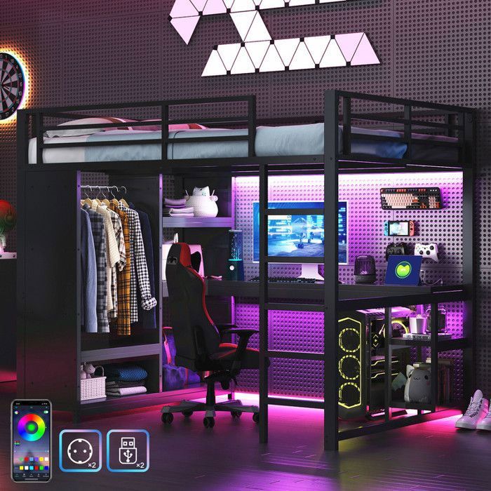Lit Mezzanine 140x200 avec Bureau LED USB et Prise Lit Gaming 2 Places Métal avec Rangement Penderie pour Ado Adulte Noir