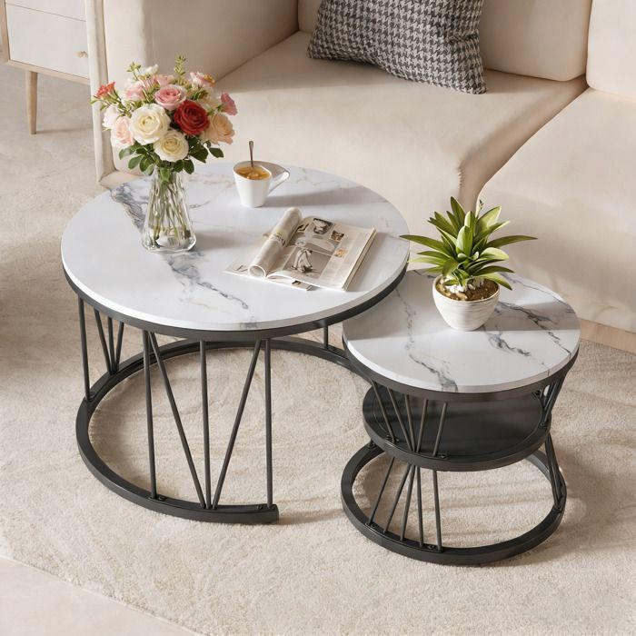 Table Basse Salon avec Rangement - Lot de 2 Tables gigognes Ronde - étagères ouvertes - Structure Métal Robuste - Noir