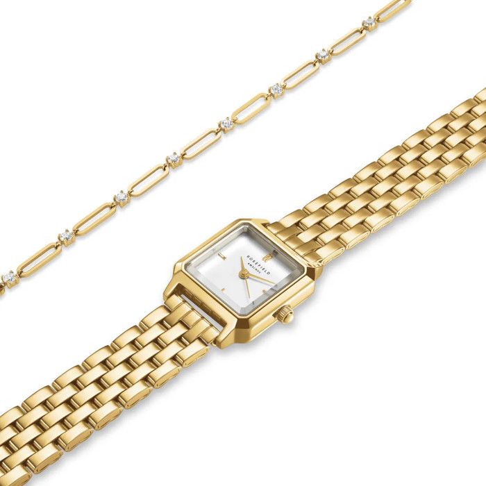Montre - ROSEFIELD - Coffret - Boîtier carré 20 mm - Verre biseauté - Bracelet acier doré empierré