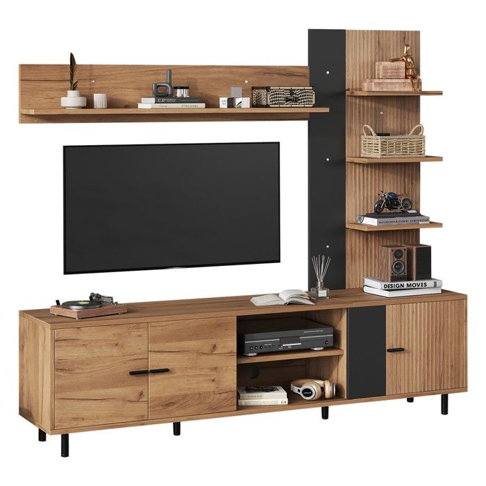 Ensemble Meuble TV Mural Bois&Noir 187 5x40x167cm Vitrine 3 Placards TV Jusquà 80 Pouces Modulable Salon Multimédia Ensemble Meuble TV Mural Bois&Noir 187 5x40x167cm Vitrine 3 Placards TV Jusquà 80 Pouces Modulable Salon Multimédia