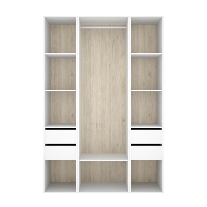 Armoire dressing ouverte avec fond arrière réversible penderie avec tringle étagères et 4 tiroirs coloris blanc/naturel