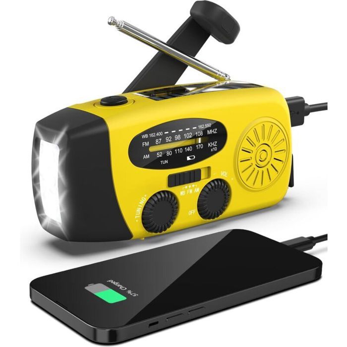 Radio Météo Solaire Urgence Manivelle AM FM WB Radio Survie avec Lampe Torche LED Batterie Externe 2000 mAh Kit Sécurité Jaune