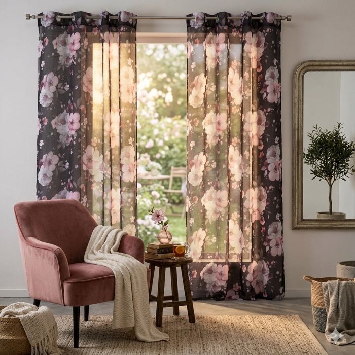 Voilage a oeillets 140 x 280 cm Bouquet de fleurs noir