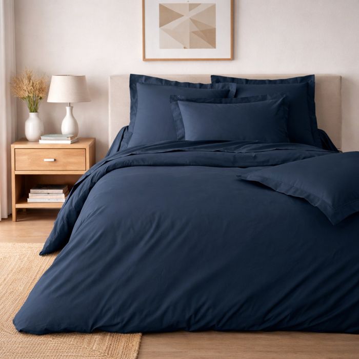 Parure de lit 240 x 220 cm – Percale de coton 78 fils – Bleu – Qualité Hôtel – 2 taies 63x63 cm