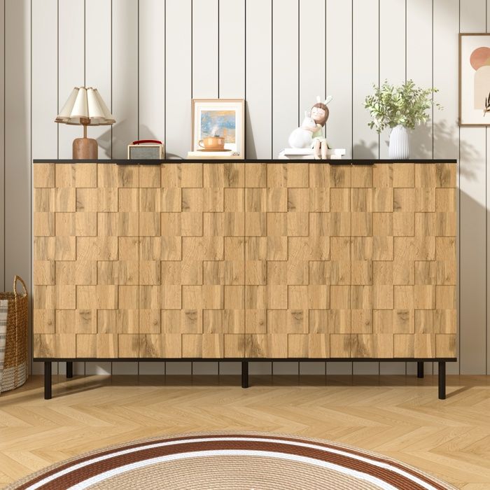 Buffet 160×35×805 cm meuble de rangement à texture bois -4 portes adapté au salon et à la salle à manger couleur bois naturel