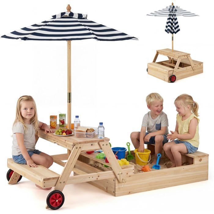 Salon de Jardin Enfants COSTWAY - 1 Table de Pique-nique et 2 Bancs - Bac à Sable 1 Parasol Amovible en Bois Massif 3-8 Ans