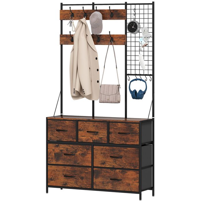LIA Meuble entrée 4 en 1 portemanteau vestiaire 7 tiroirs tissu 14 crochets 100x30x183 cm brun
