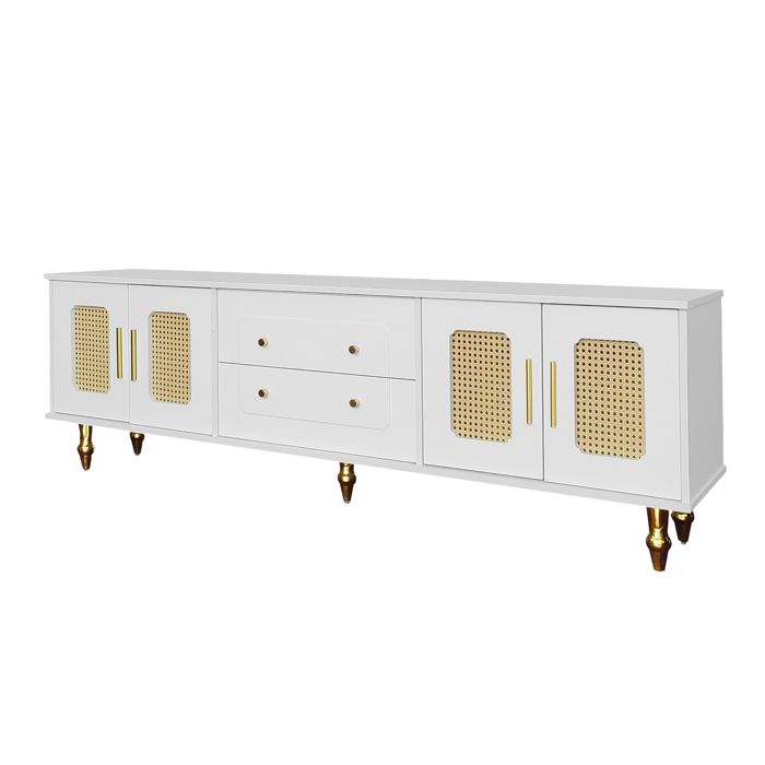 Meuble TV de style rétro avec poignées dorées grand espace de rangement portes en rotin et pieds en métal
