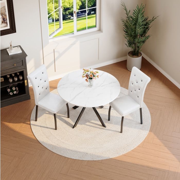 Table de salle à manger 2 personnes avec table ronde et 2 chaises - ELVMI - aspect marbre blanc métal noir et blanc