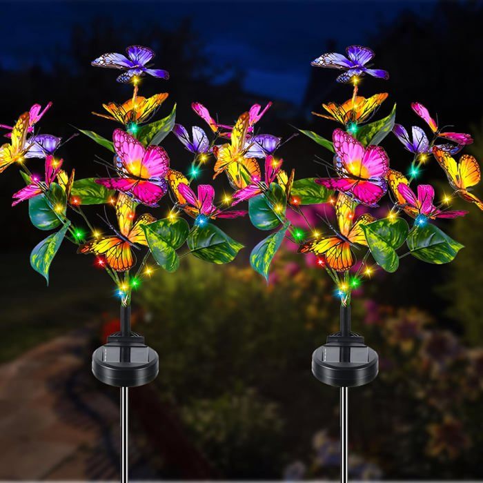 Lumière Solaire Jardin 2 Pièces Fleur Papillon Lampe Solaire Extérieure 2 Modes Étanche Paysage Lampe Eclairage