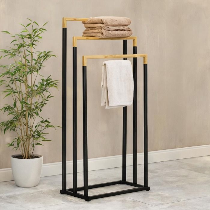 Porte-serviettes sur pied 3 barres bambou et acier noir 45 x 22 5 x 86 cm