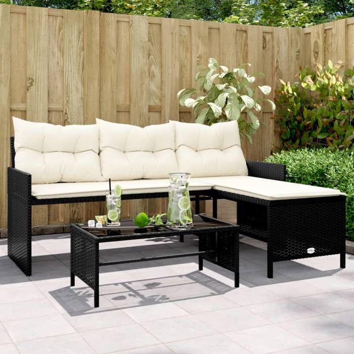 Noir Canapé de jardin avec table et coussins en forme de L noir - Siège de balcon LV64483