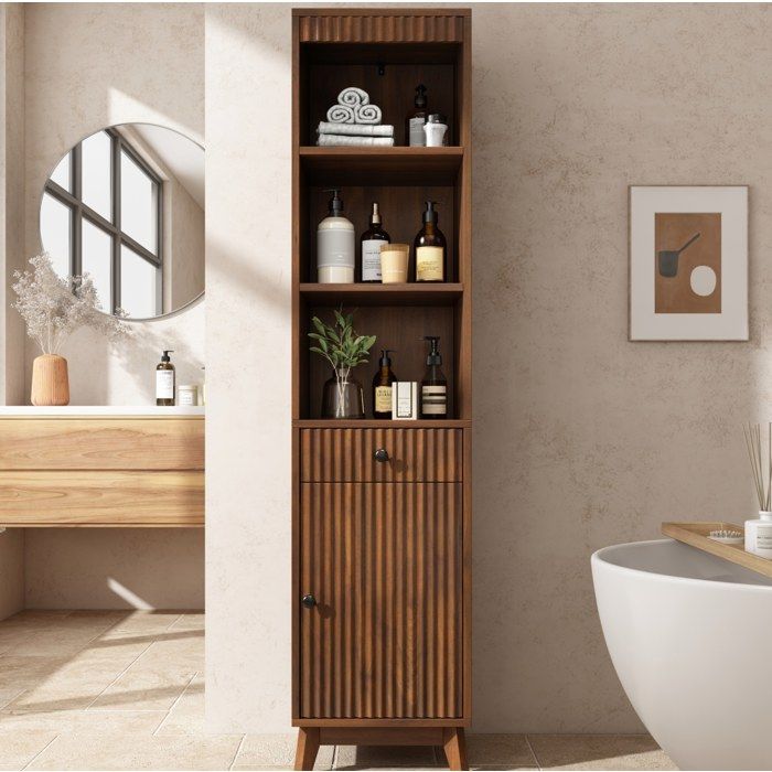 Colonne Salle De Bain MDF Noyer Armoire Haute Rainurée FloraGrace Pour Salle De Bain 1 Tiroir Porte Réversible 40x36x172cm