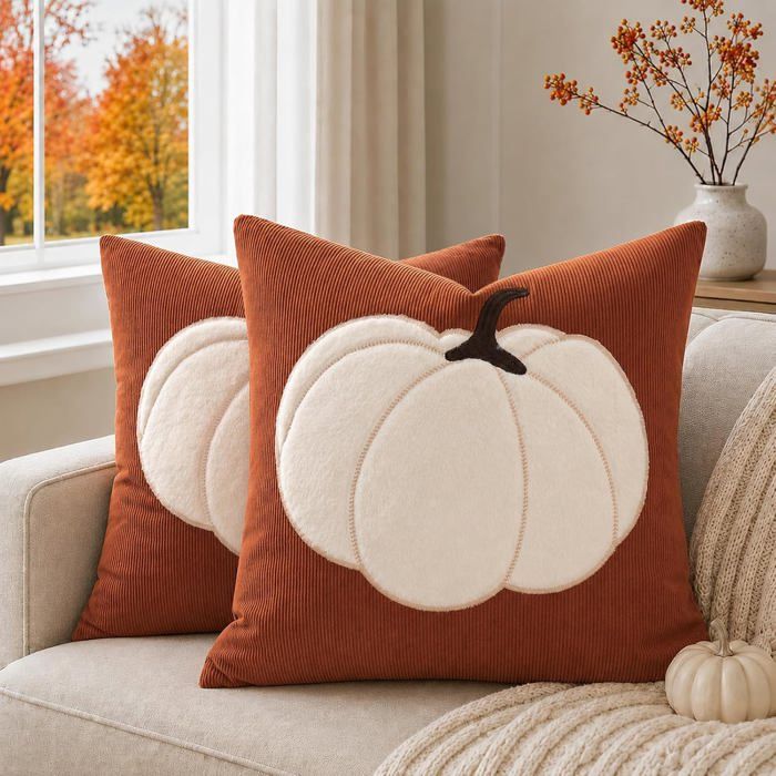 Housse coussin citrouille orange 45 x 45 cm lot 2 velours côtelé tissu corde peluche fermeture éclair invisible lavable Thanksgiving