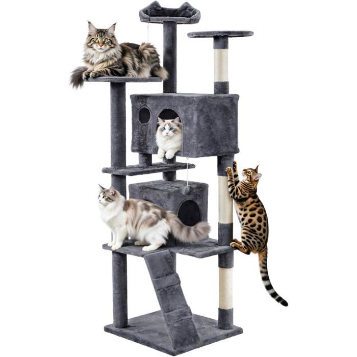 Arbre à chat Yaheetech 139 cm gris foncé 2 niches + 3 plateformes + 2 boules sisal idéal pour 3-4 chats Arbre à chat Yaheetech 139 cm gris foncé 2 niches + 3 plateformes + 2 boules sisal idéal pour 3-4 chats