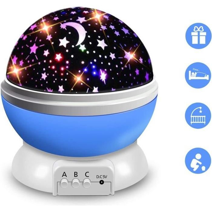 Veilleuse Enfant Etoile Projection 360° Rotation Lampe Projecteur Lumiere Plafond Cadeau pour Bébé Cadeau Danniversaire Noël Bleu
