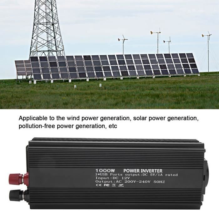 Onduleur Convertisseur d'inverseur à onde sinusoïdale pure 12 V Convertisseur 220V 1000W avec panneau solaire -PRO