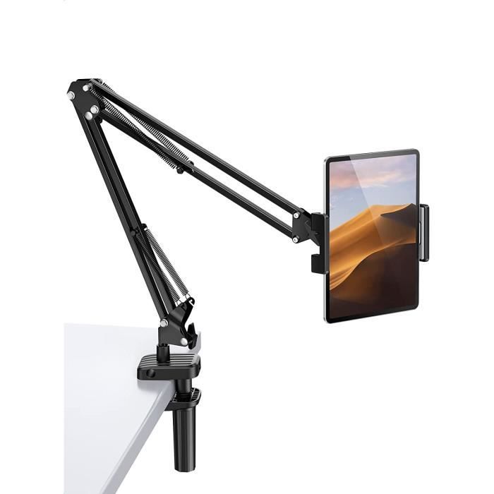 Support iPad - Long bras en aluminium - Support de tablette pour bureau,  pivotant à 360° - Support de téléphone pour lit - Compatible avec téléphone