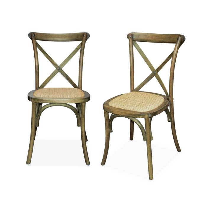 lot de 2 chaises de bistrot en bois d'hévéa marron vieilli - sweeek - vintage - assise en rotin - empilables