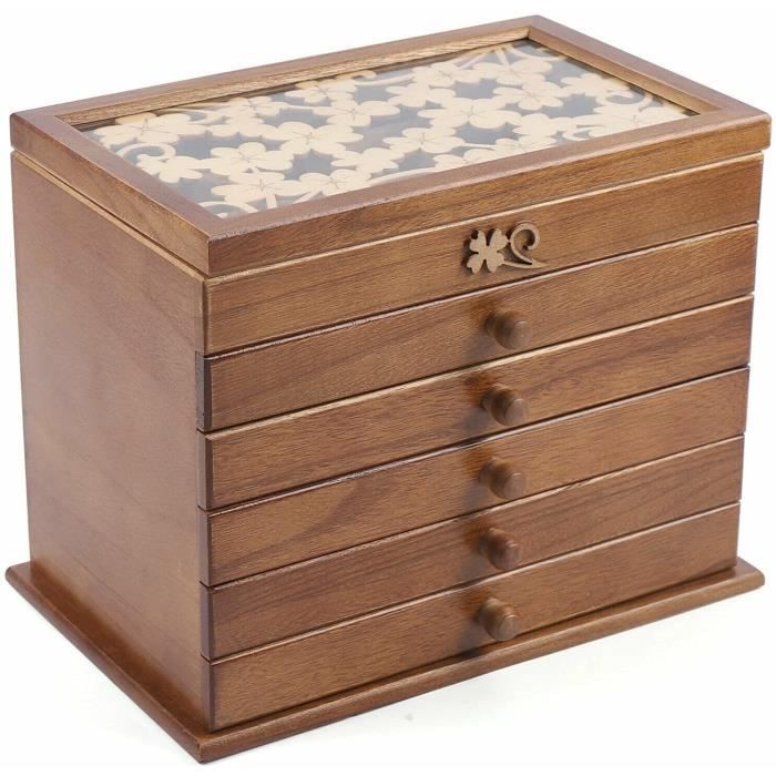 Boîte à bijoux vintage en bois à 6 couches avec 5 tiroirs 35