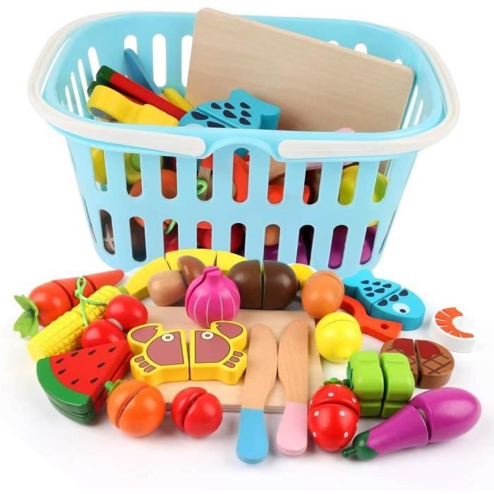 Set De Fruits Et Légumes à Découper En Bois HVDHYY – 2 Ans+ – Sac De Rangement Inclus – Jouet D'imitation Cuisine Et Coloriage